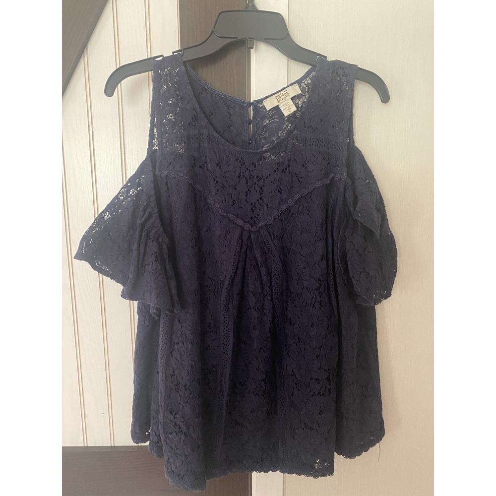 Vintage America Blues Navy Blue Lace Cold Shoulder Western Blouse Womens XL